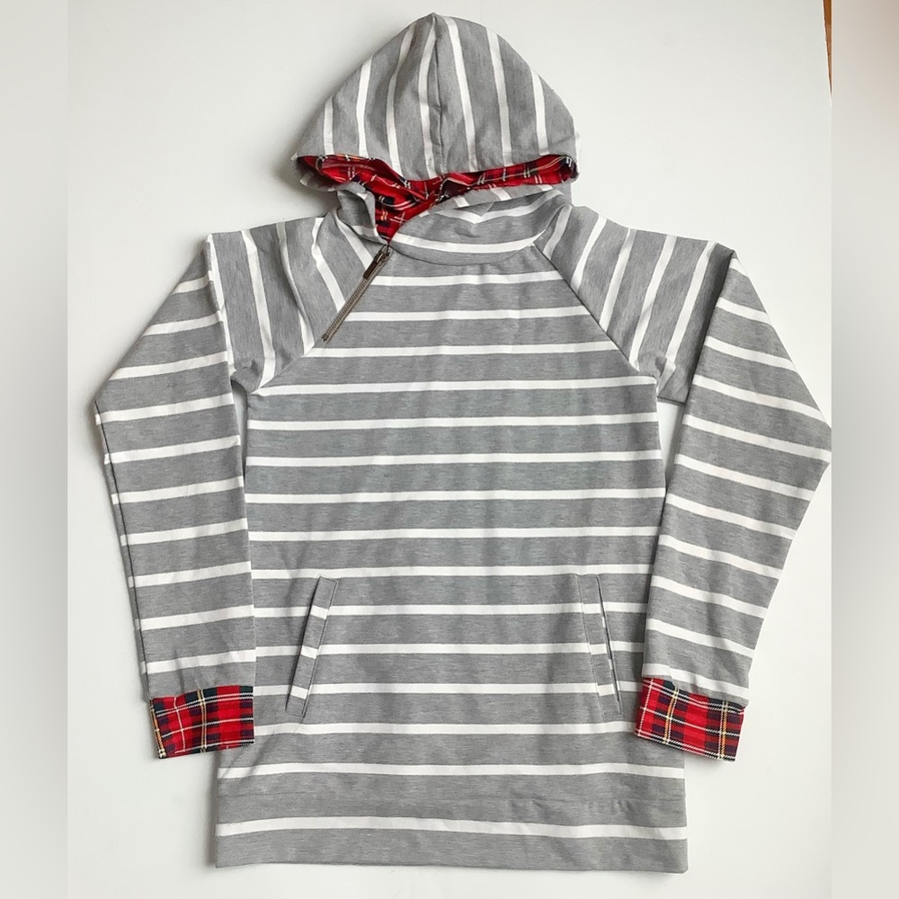 NWT Ampersand Gray Stripes & Red Plaid Hoodie